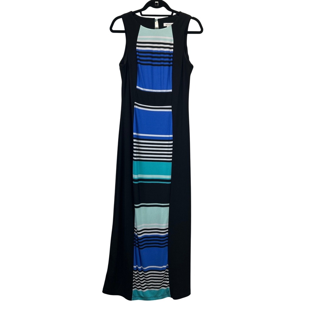 Liz Claiborne Maxi Dress Womens M Black Blue Striped Colorblock Sleeveless